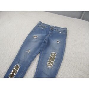 Deja Bleu Jeans Womens 9 Blue Distressed Sequin Patch Cuffed Skinny Stretch